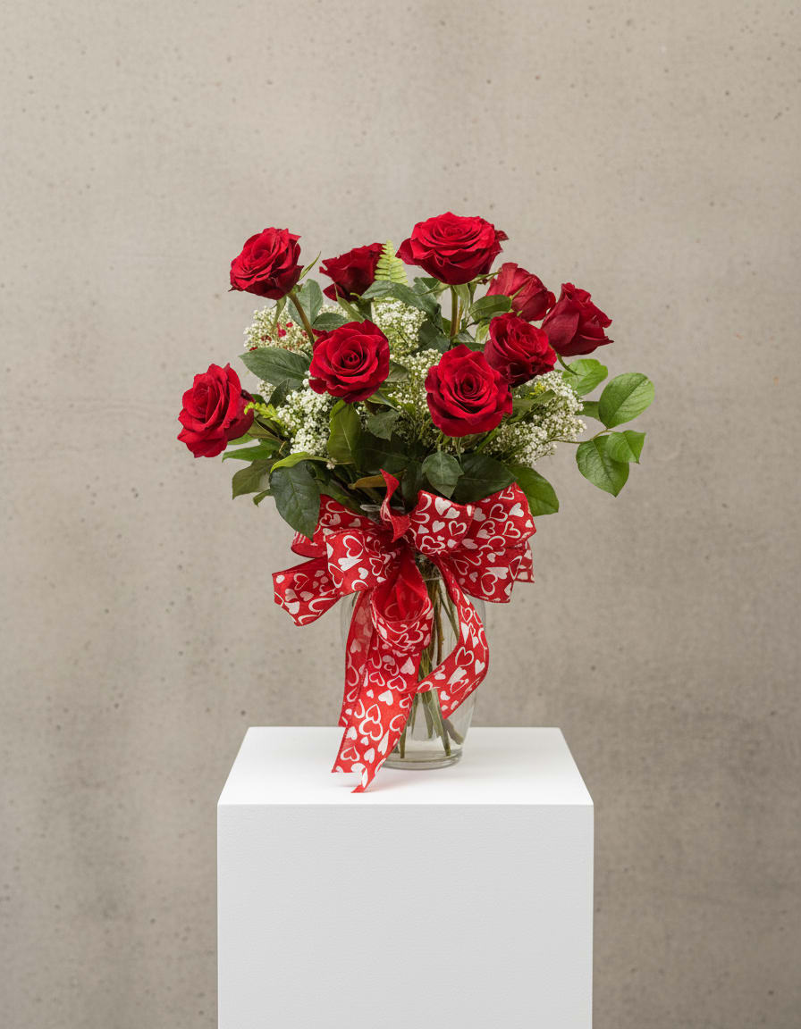 VALENTINES DOZEN ROSES. An arrangement by Metcalfe Florist and Pleasant View Greenhouses.