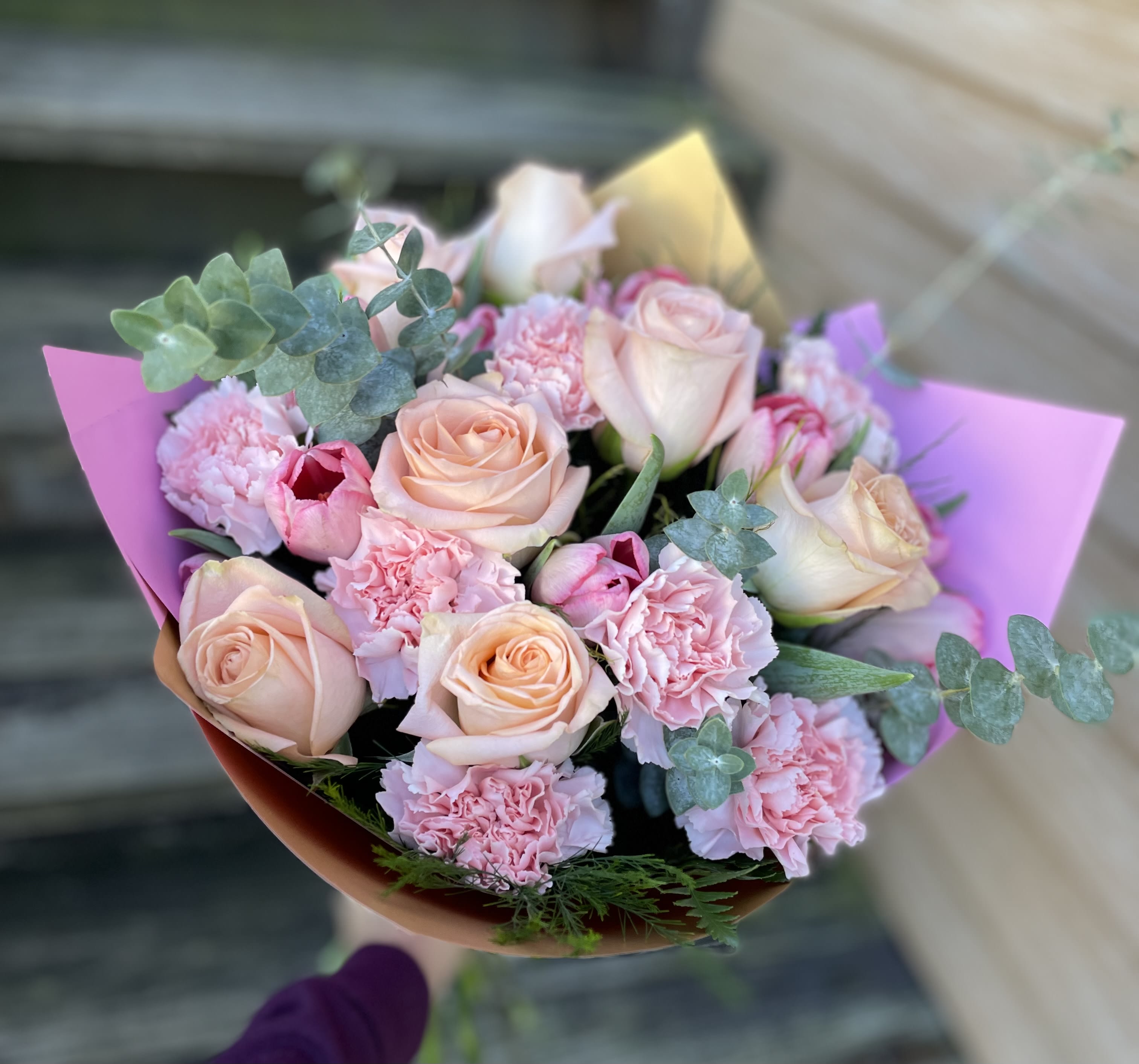 Roses,Tulips, Carnations Bouquet. An arrangement by Violeta's Flower Shop.