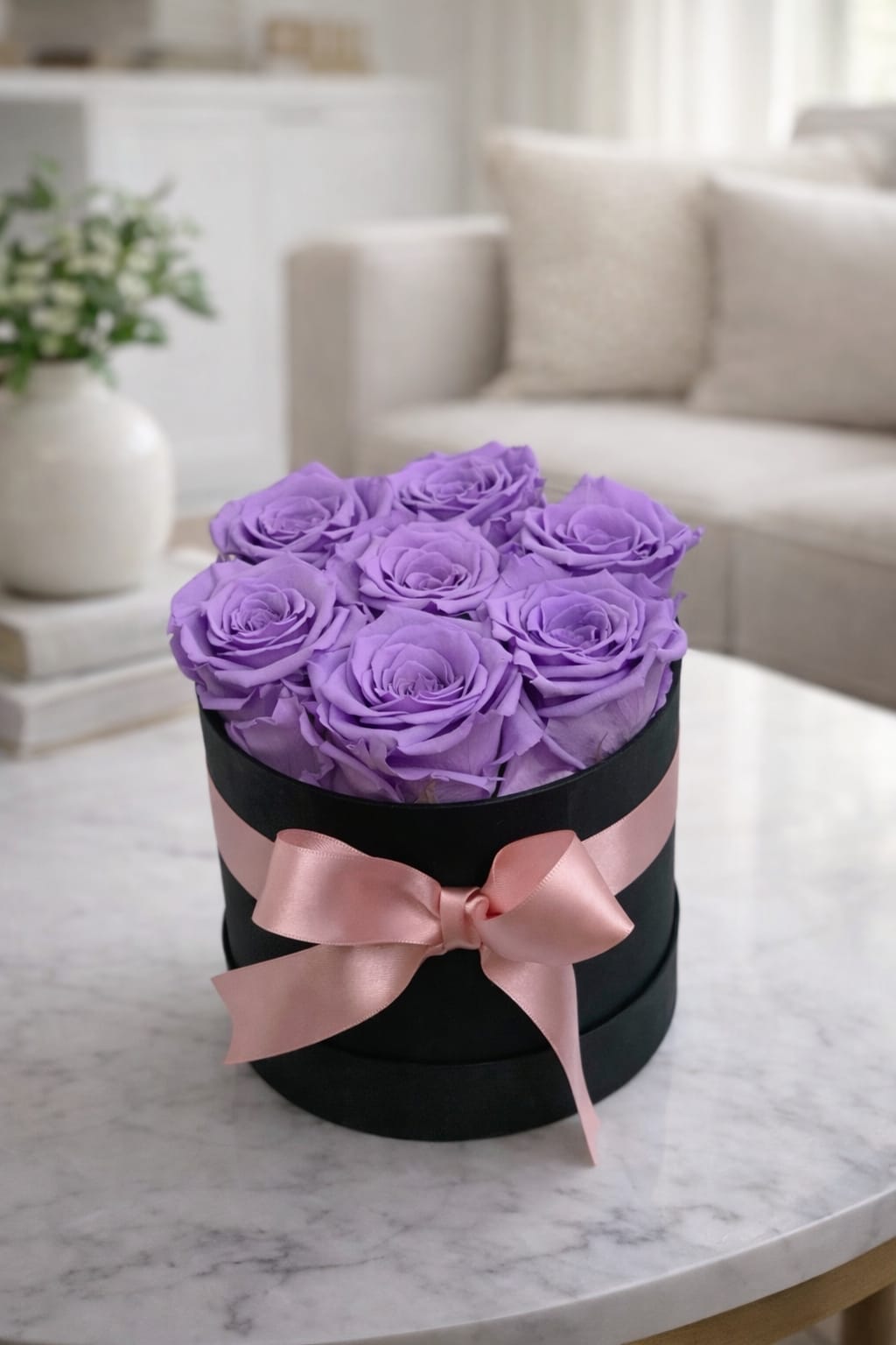 Forever Lavender – Petite Preserved Rose Hat Box. An arrangement by Lori's Hearts and Flowers.