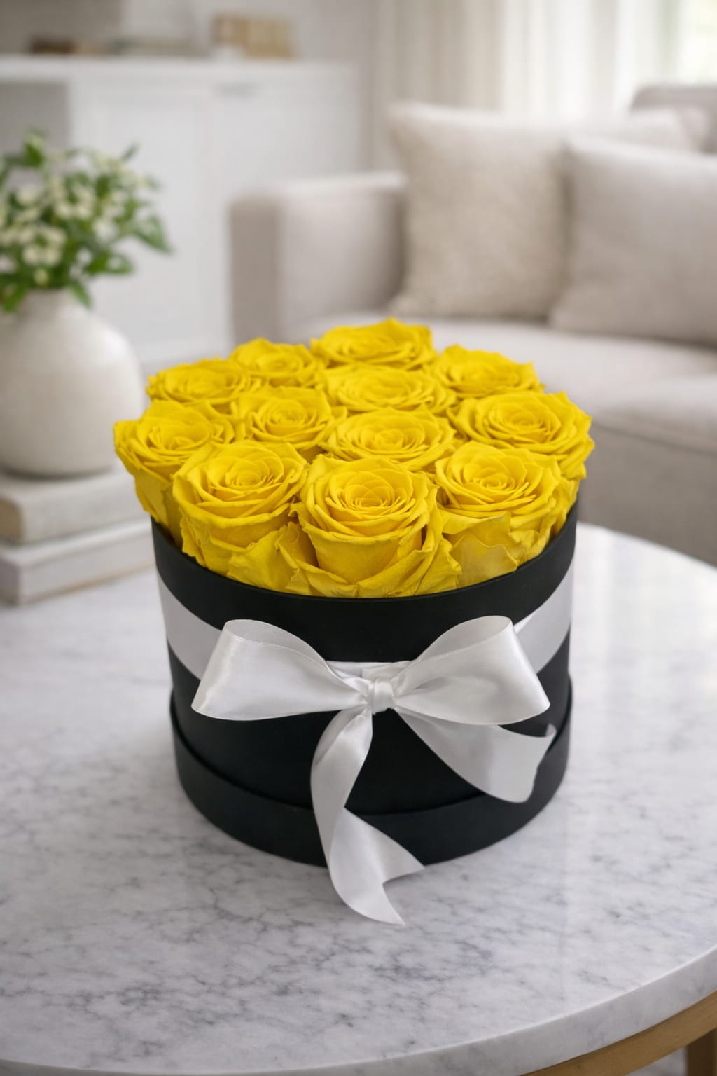 Forever Sunshine – Grand Preserved Rose Hat Box. An arrangement by Lori's Hearts and Flowers.