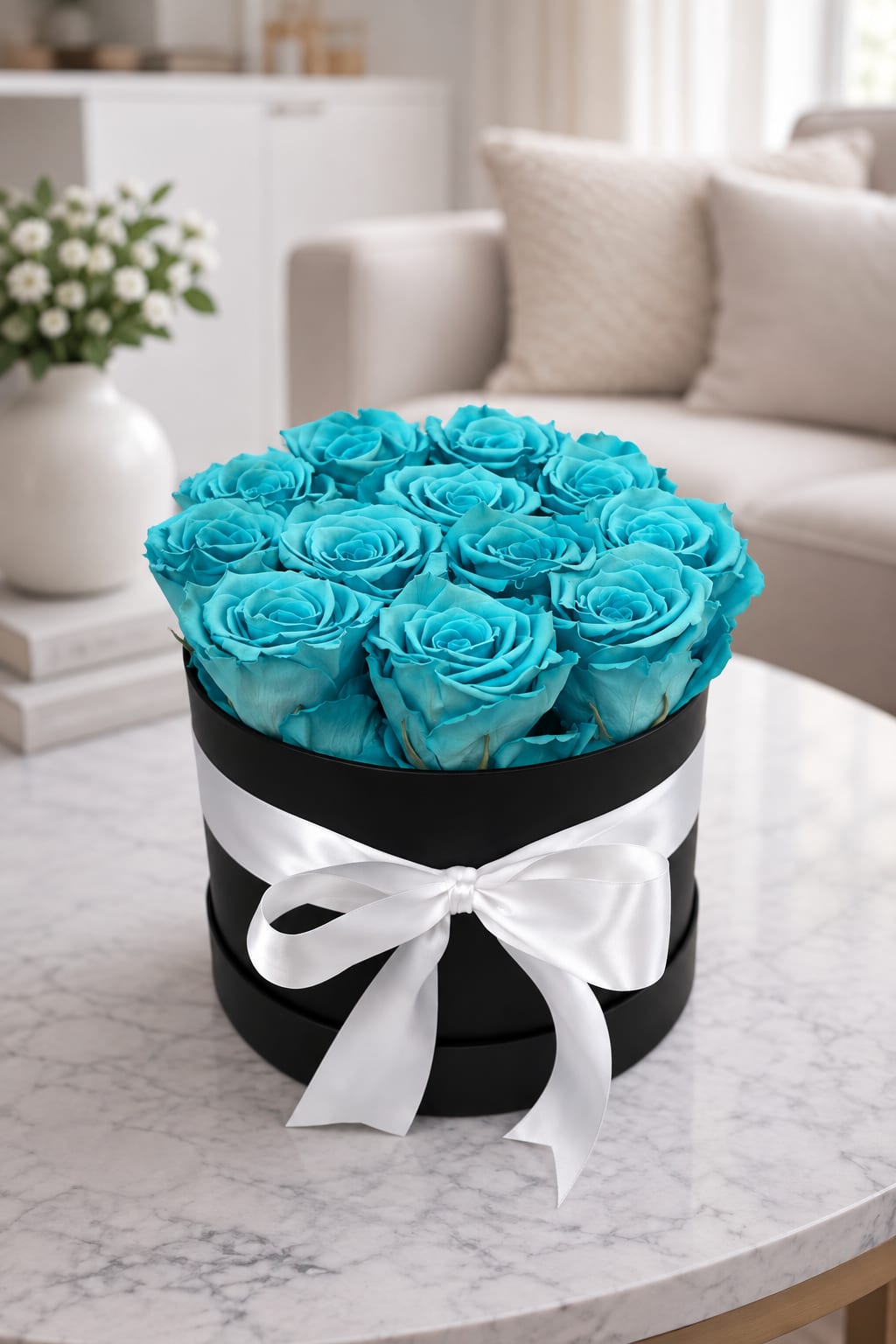 Forever Azure — Large Preserved Rose Hat Box. An arrangement by Lori's Hearts and Flowers.