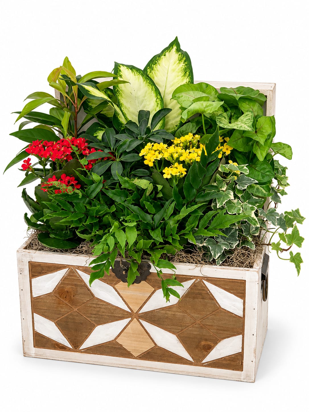 Patchwork Wooden Chest. An arrangement by Lori's Hearts and Flowers.