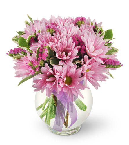 Happy Thoughts. An arrangement by Violeta's Flower Shop. This joyful bouquet features lavender daisies, statice, and assorted greenery..