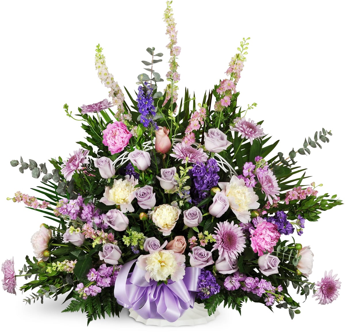 Love's Twilight Sympathy Basket™. An arrangement by YSD Events and Flowers. Larkspur, mums, and peonies are arranged with seasonal greenery and...
