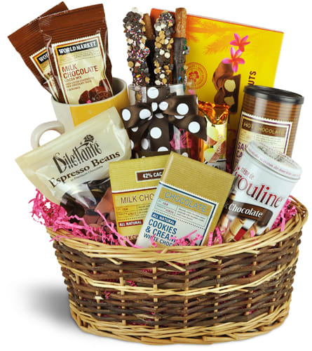 Chocolate Lovers Basket™. An arrangement by The Paradise Of Flowers. Treat them to chocolate-covered pretzels, chocolate bars, chocolate-covered...
