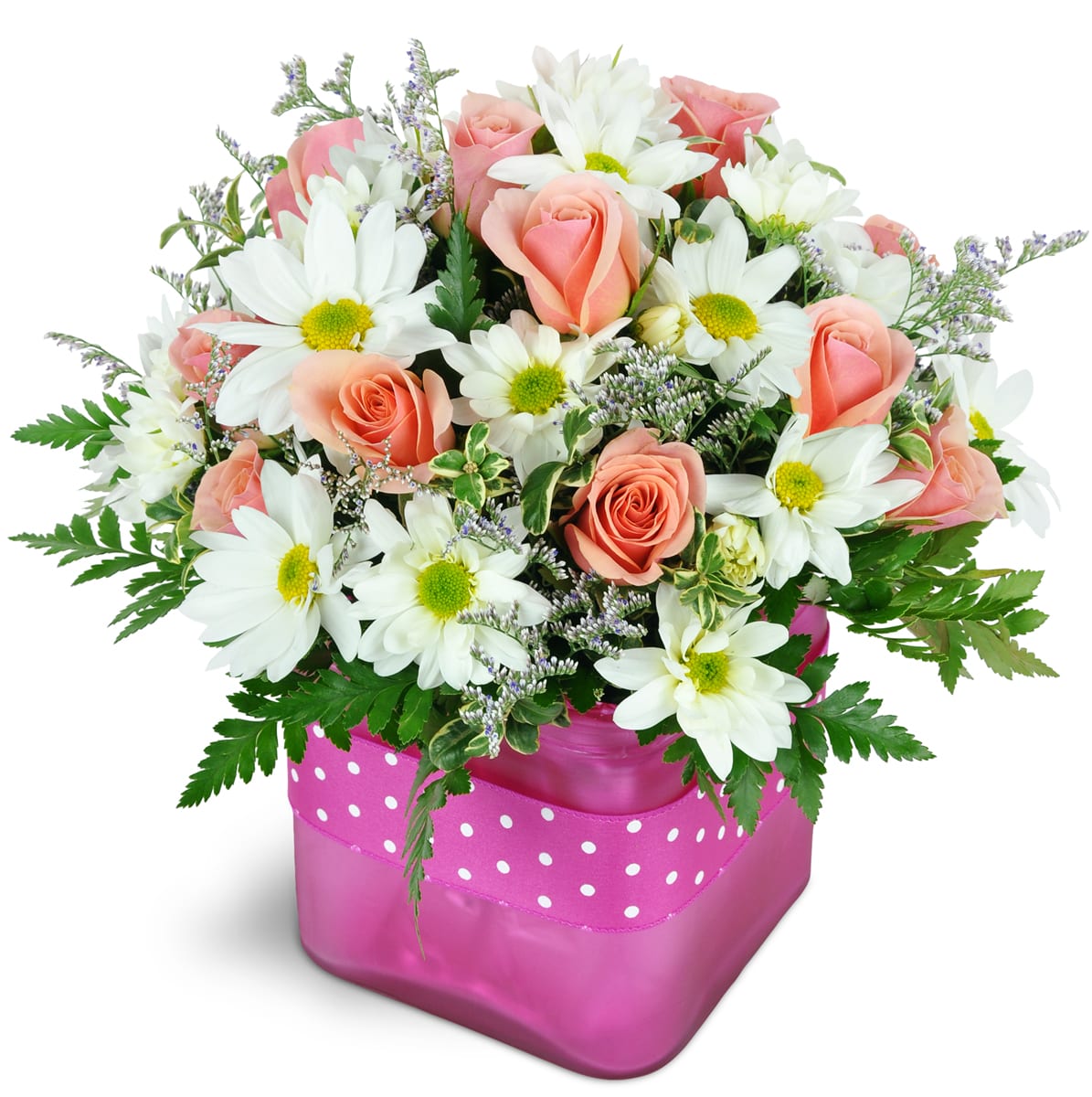 Bubble Gum Bliss™. An arrangement by Sponseller's Flower Shop Inc. A fun mix of pink spray roses, white daisies, and fresh greenery are arranged...