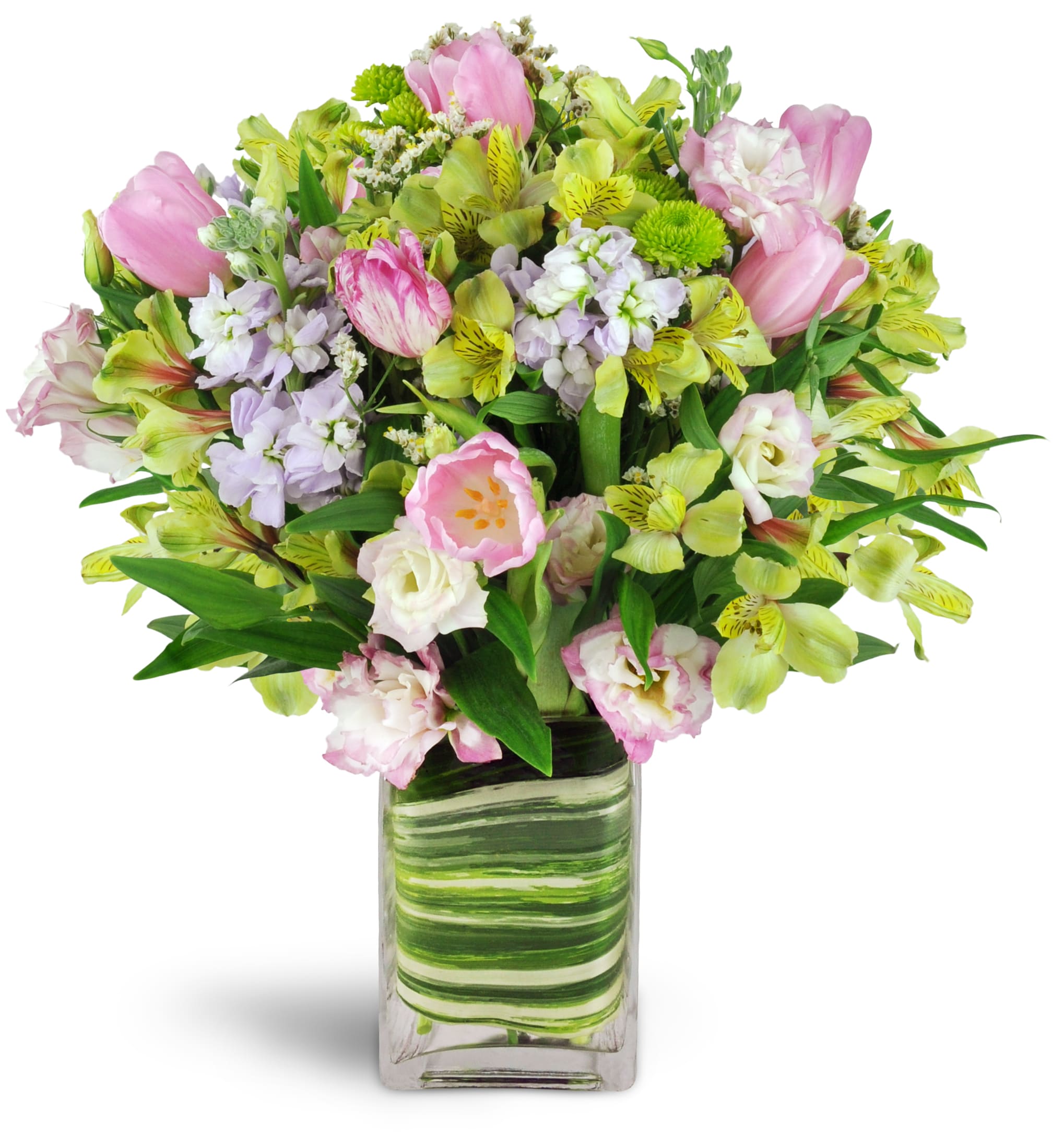 Country Fair Bouquet™. An arrangement by New Rochelle Florist. Pink tulips are expertly arranged with lavender stock, pink lisianthus, and more in...