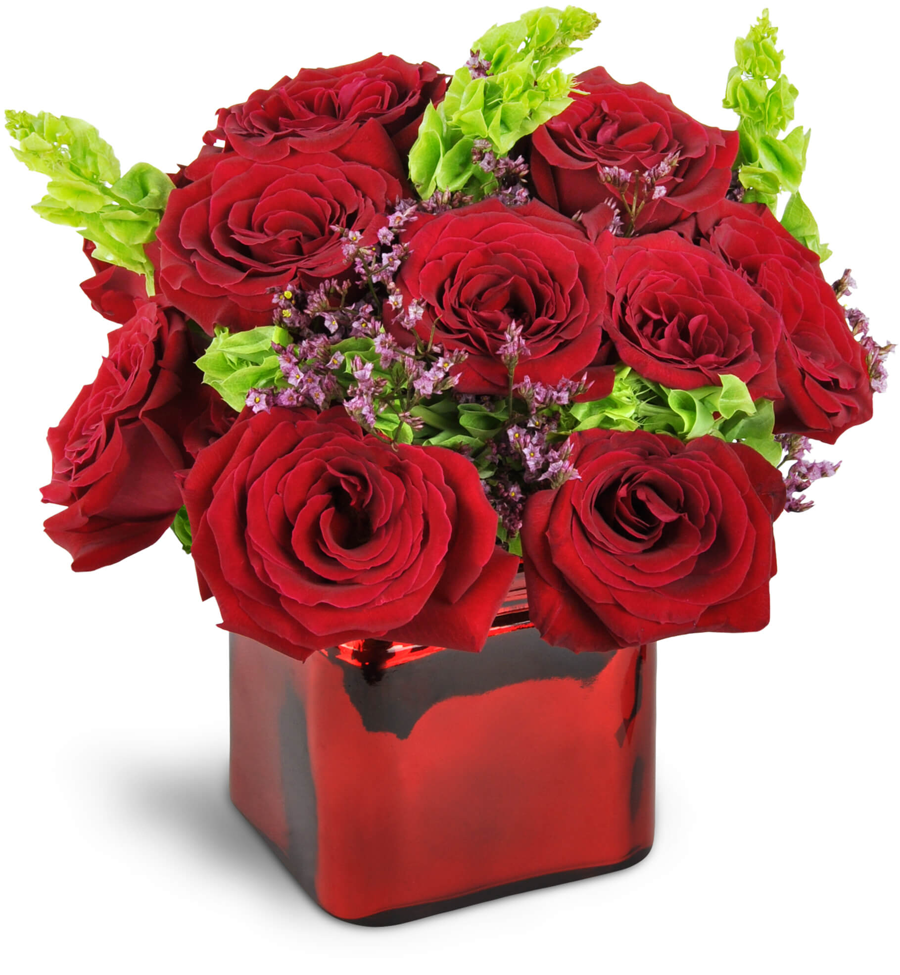 Kiss of Bliss™. An arrangement by Windsor Blooms. Lush red roses are beautifully accented with Bells of Ireland and limonium..