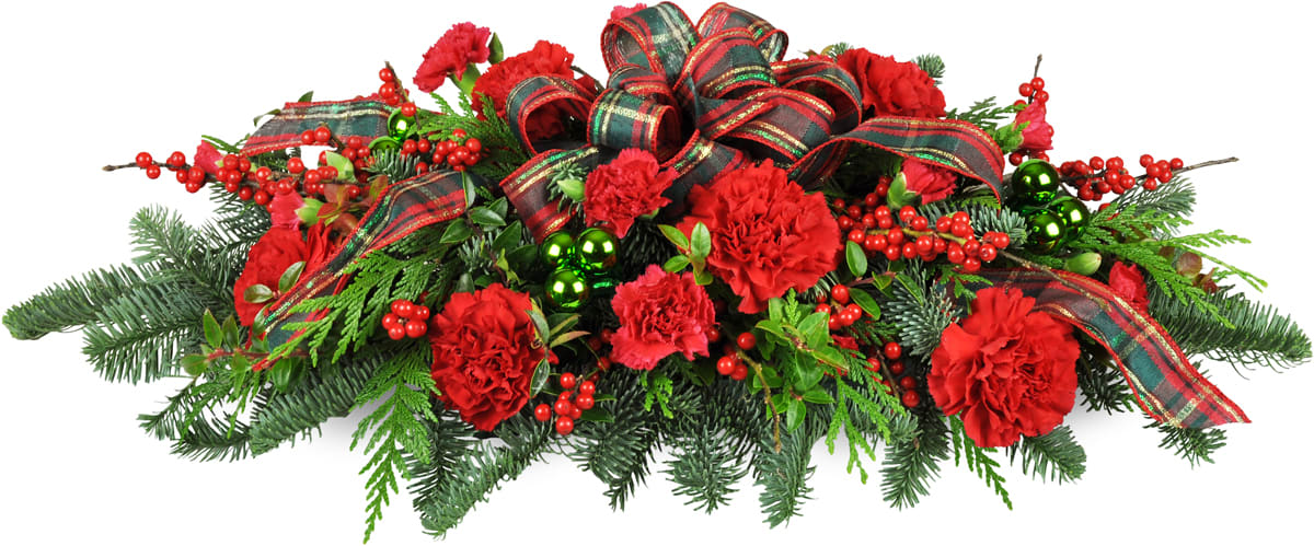 Christmas Traditions Centerpiece™. An arrangement by Colonial Flowers and Gift Shoppe. A classic swag is arranged with red carnations, green...