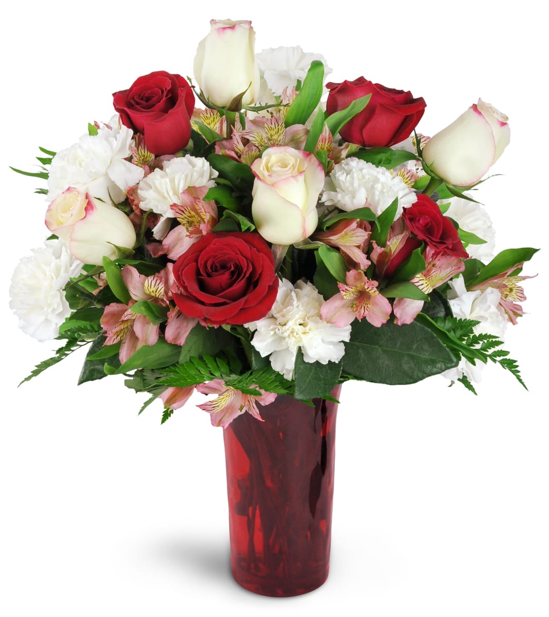 Romance of Roses™. An arrangement by Midtown Florist. Give a stunning gift of red and cream roses arranged with carnations, alstroemeria, and more..