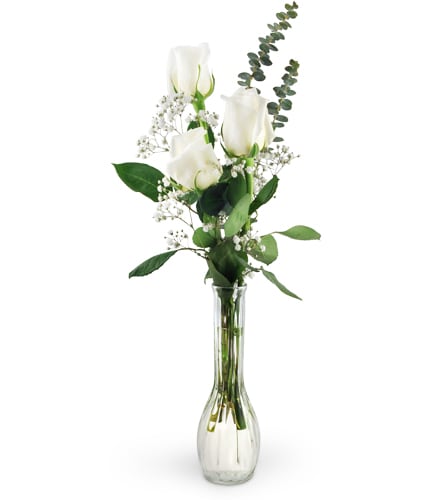 Three White Roses. An arrangement by Fleuriste Aux Quatre Saisons. Three white roses are beautifully arranged with eucalyptus, baby's breath, and...
