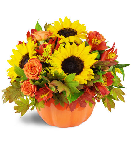 Harvest Bounty™. An arrangement by Passiflora Creations LLC. Sunflowers, spray roses, alstroemeria, solidago, vine maple, and viburnum berries are...
