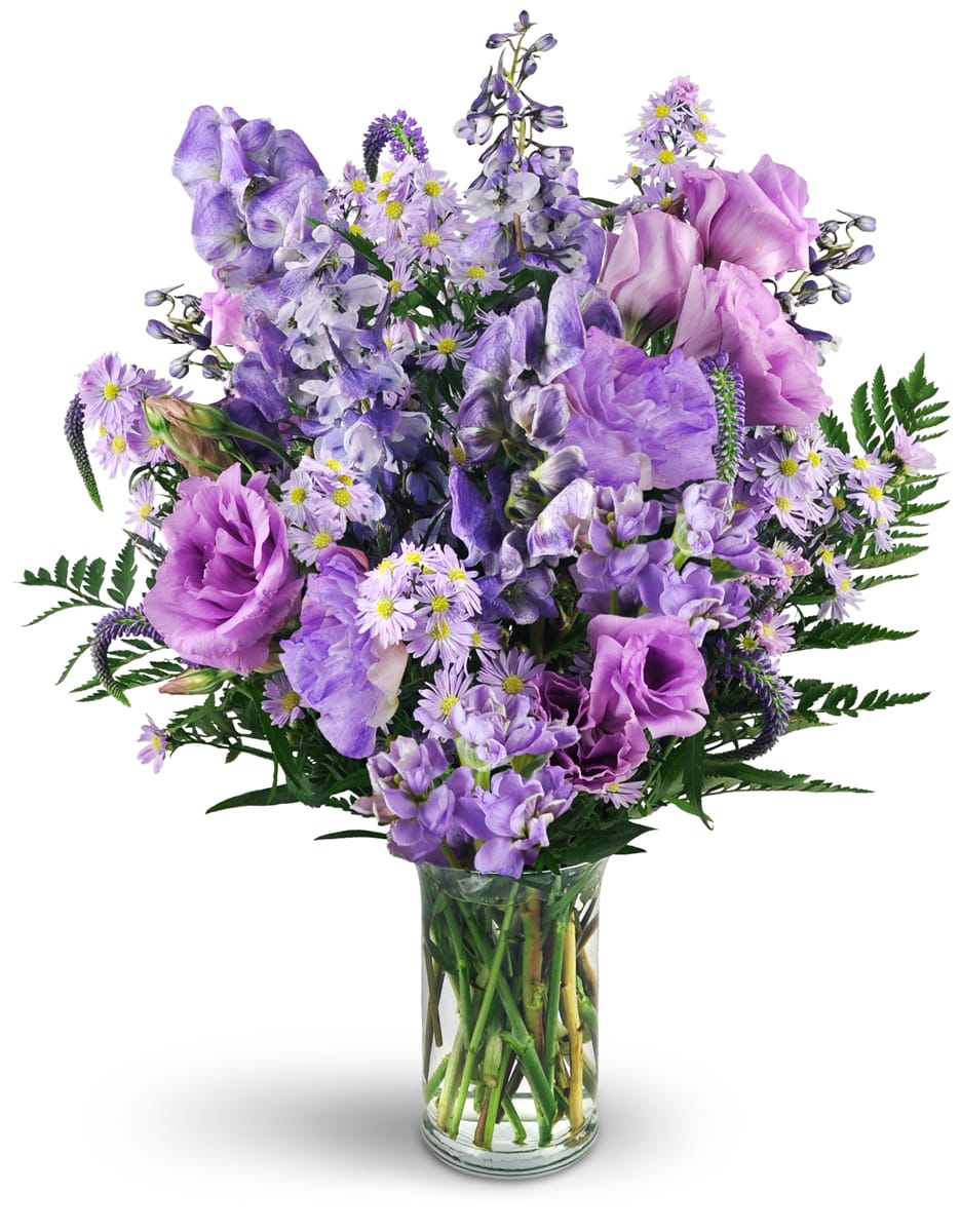 Purple Passion. An arrangement by Bayfield Blooms. Monk's hood, delphinium, veronica, purple lisianthus, Monte Cassino asters, and more are...
