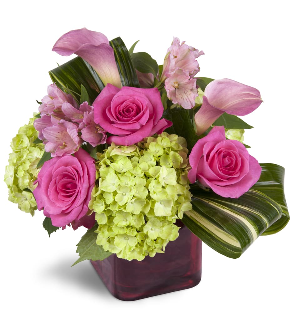 Peek of Chic™. An arrangement by Sweet Blossoms. Hot-pink roses, green hydrangea, and pink Peruvian lilies are accented with fresh aspidistra..