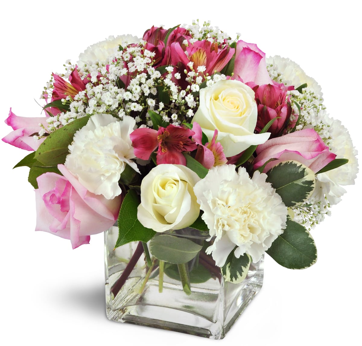 Blushing Blessings Cube™. An arrangement by Lori's Hearts and Flowers. Handcrafted with pink roses, pink Peruvian lilies, and white carnations..