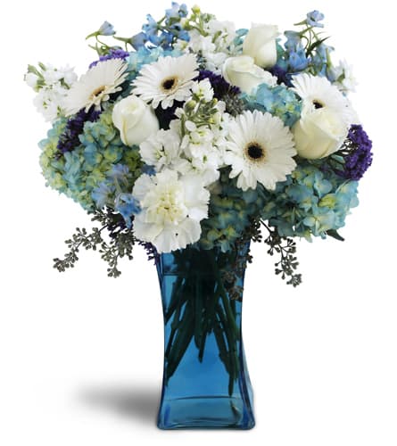 Blooming Blues™. An arrangement by Lori's Hearts and Flowers. Hydrangeas, Gerbera daisies, roses, and stock are arranged in a glass vase..