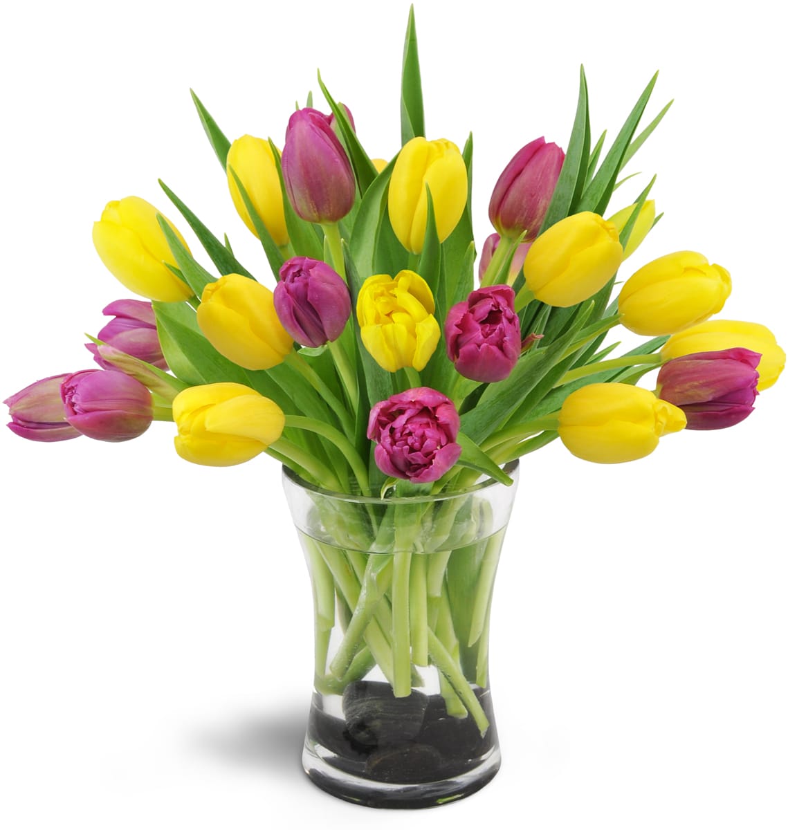 Springtime Duet™. An arrangement by Creme Brulee and Bouquets. Twenty yellow and violet tulips are delightfully arranged in a glass vase..