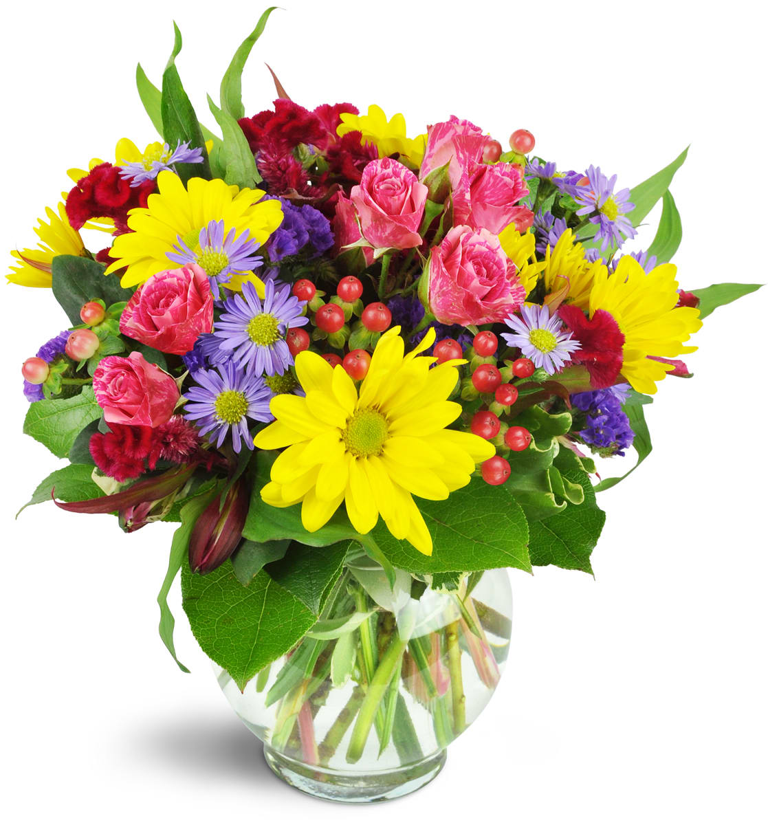 Joyful Thanks™. An arrangement by Lori's Hearts and Flowers. Yellow daisies, purple asters, pink spray roses, and more are delightfully arranged...