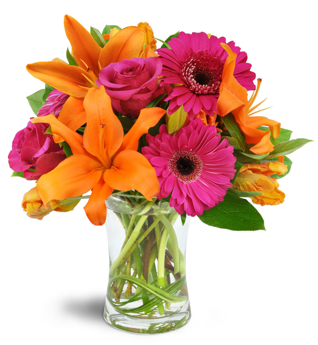 Vibrant Shine™. An arrangement by A Touch of Class Flowers and Drapery. Gift them asiatic lilies, roses, Gerbera daisies, and tulips arranged with...