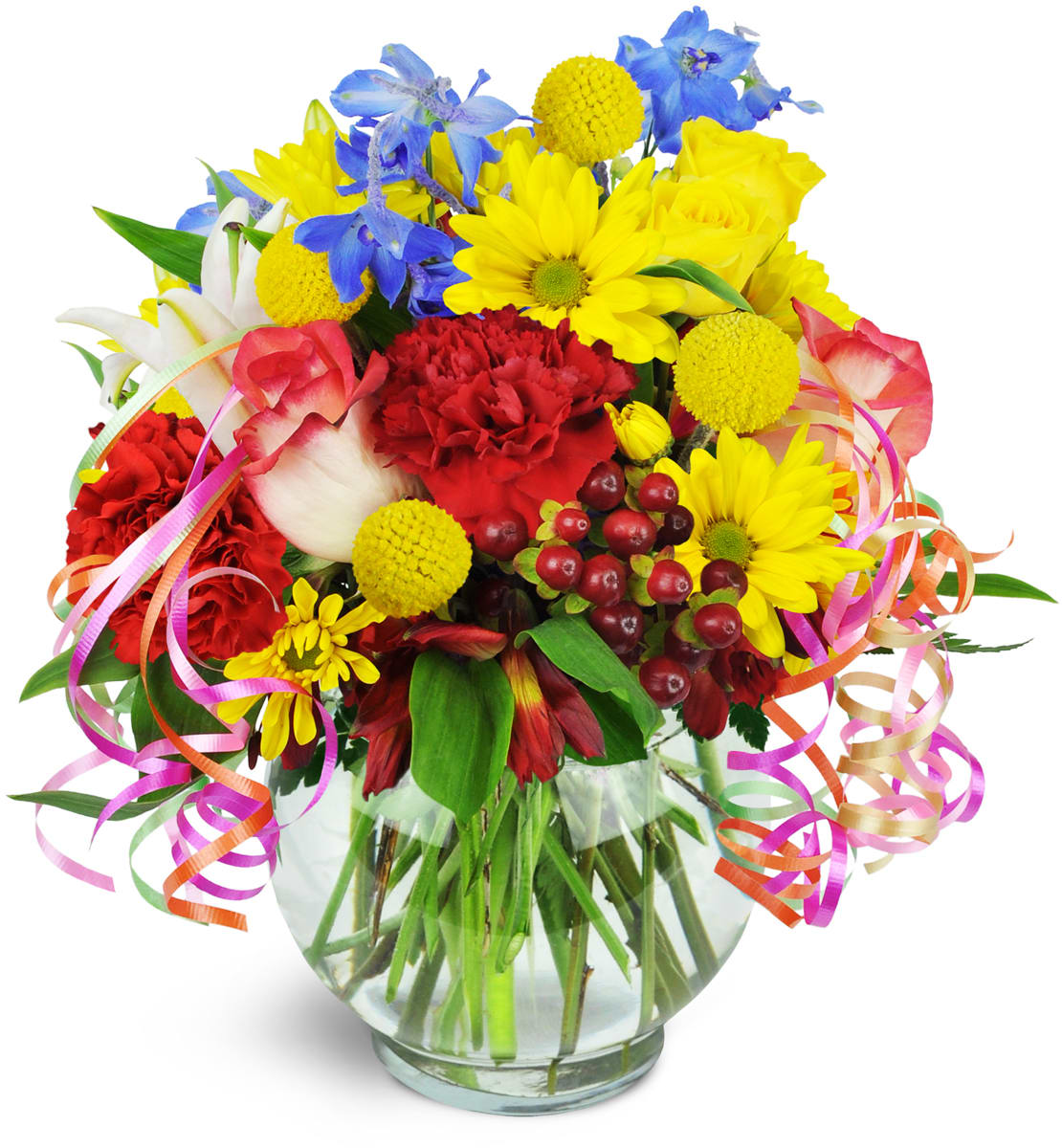 Celebrating You!™. An arrangement by Hills Valley Floral. Roses, carnations, lilies, and more are arranged in a glass vase..