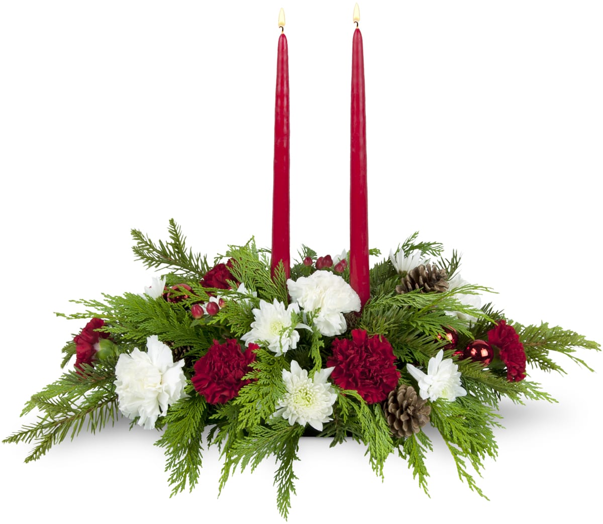 Gather 'Round Centerpiece™. An arrangement by Port St. Lucie Flowers. Red and white blooms are tucked among festive greens and topped with two...