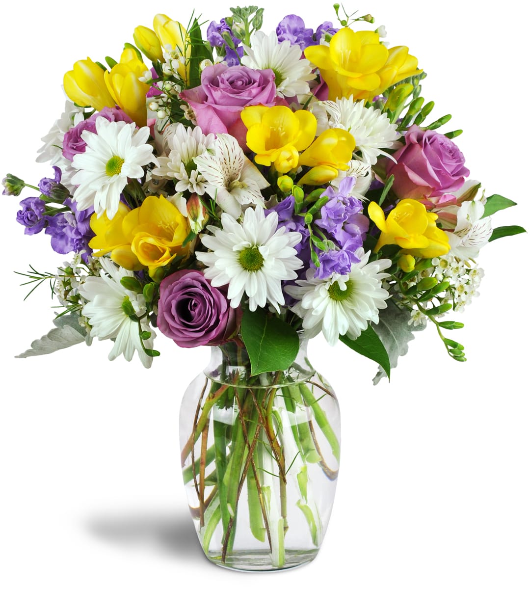 Sunshower Bouquet™. An arrangement by Bouquets N Things. Lavender roses, cheerful white daisies, and fragrant yellow freesia are arranged in a...