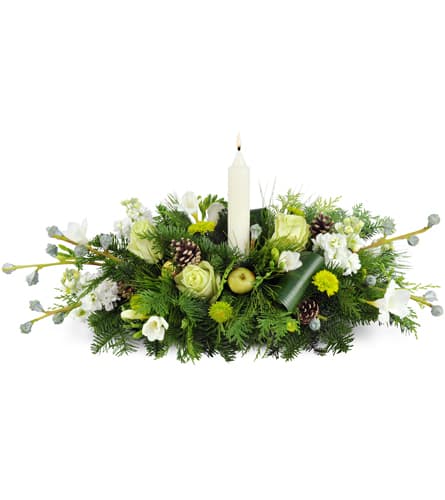 Elegant Winter Centerpiece™. An arrangement by Colonial Flowers and Gift Shoppe. Roses, pinecones, freesia, and more are topped with apple...