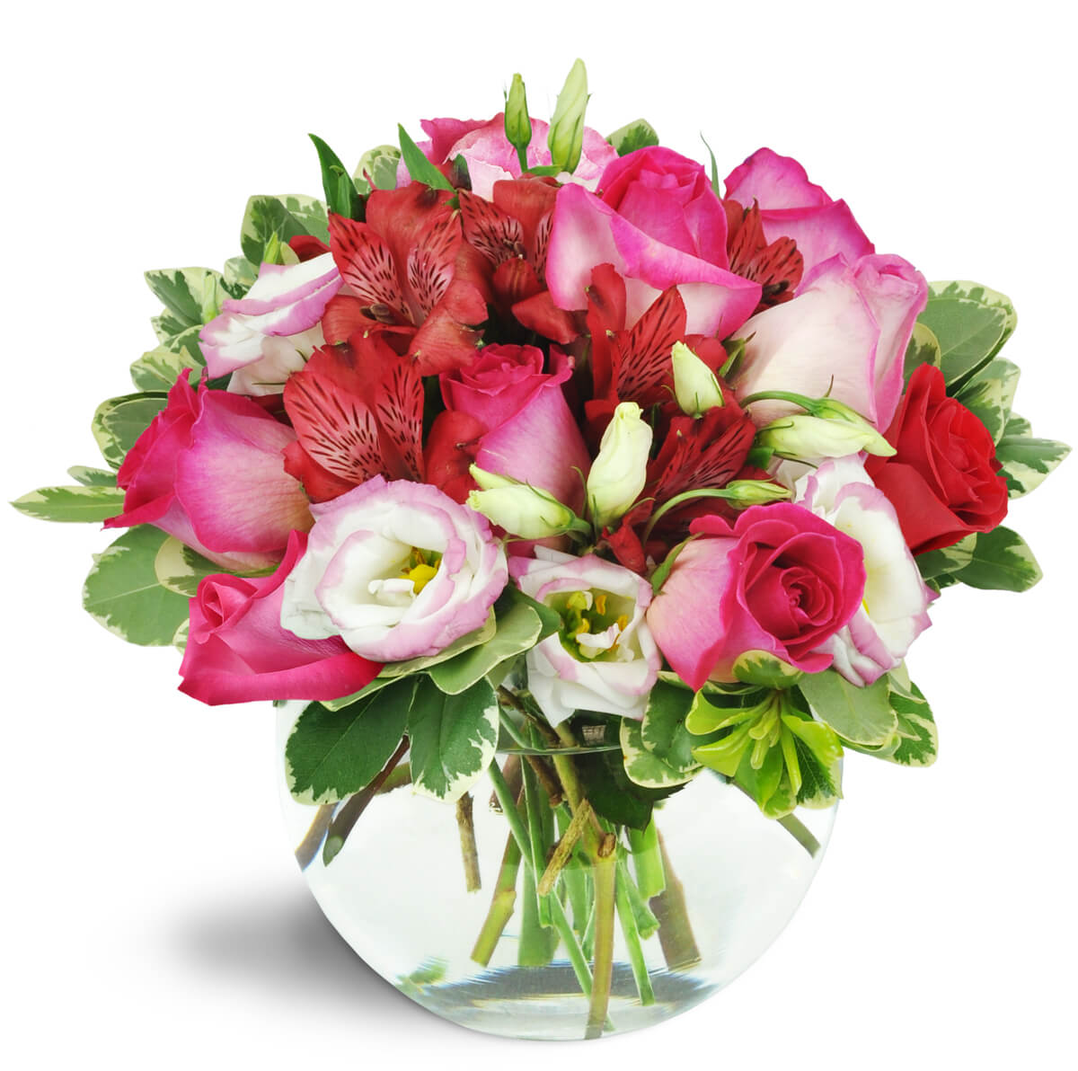 Cupid's Arrow™. An arrangement by Merritt Florist. Pink roses, creamy lisianthus, lush red alstroemeria, and more burst from a charming bubble...