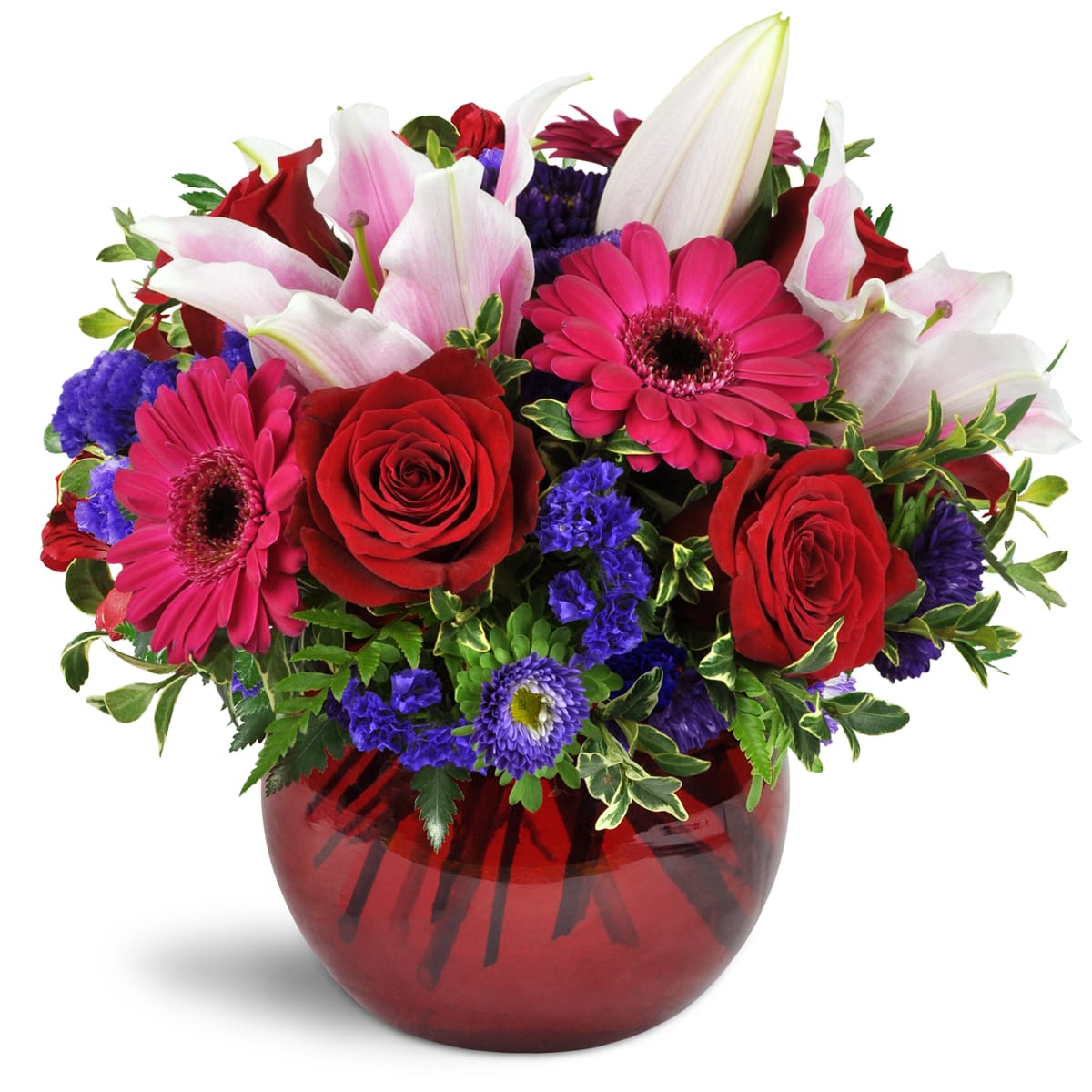 Forever Smitten™. An arrangement by Cala's Boutique Floral. Fuchsia mini Gerbera daisies are romantically arranged with red roses, alstroemeria,...