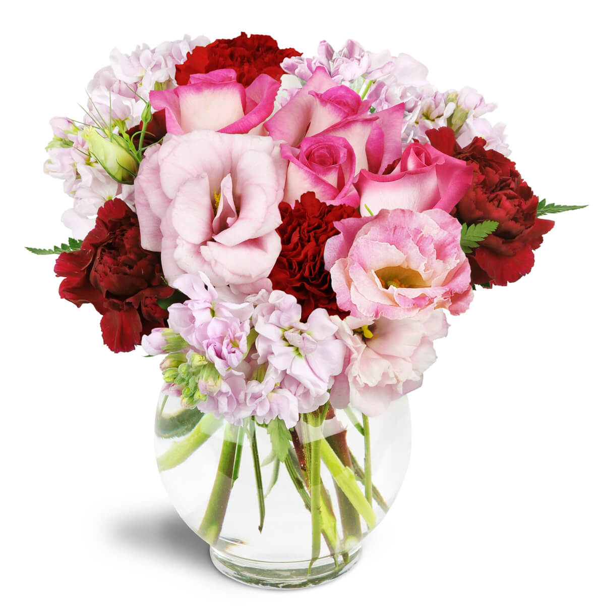 Joyful Heart™. An arrangement by Cynthia's Flowers and Gifts. Bring joy to all with pink roses, lisianthus, stock, and red carnations..