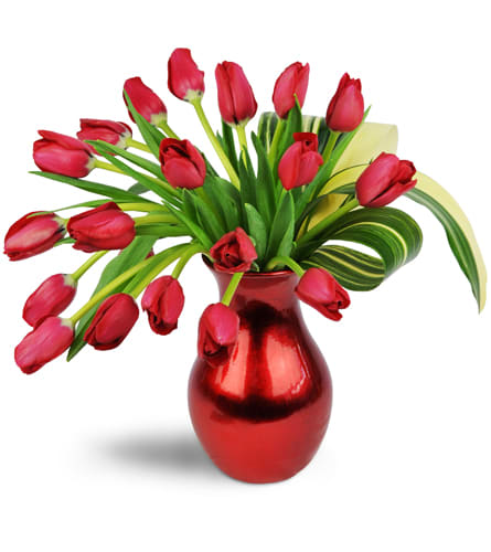Sophisticated Soul™. An arrangement by Lori's Hearts and Flowers. 20 red tulips are artfully arranged in a red vase..