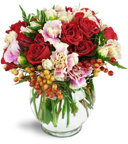Sweetness and Romance™. An arrangement by Hills Valley Floral. Lush red spray roses, pink and white bicolor mini carnations, and more are arranged... Sweetness and Romance™. An arrangement by Hills Valley Floral. Lush red spray roses, pink and white bicolor mini carnations, and more are arranged...
