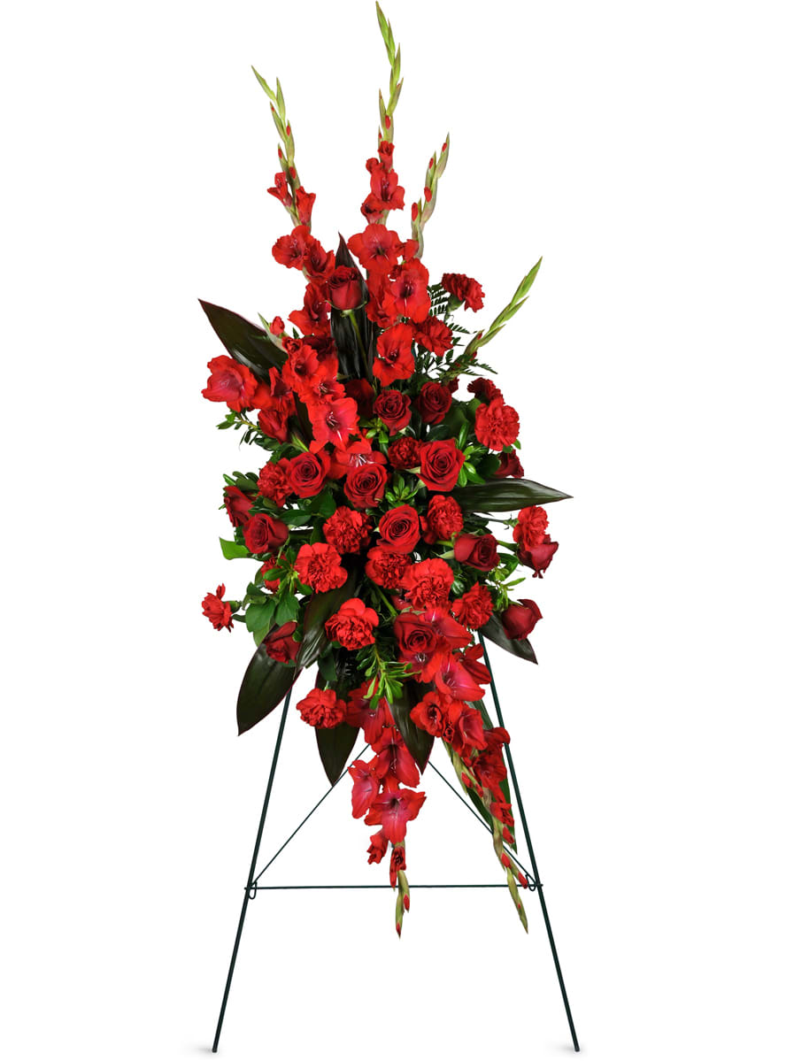 Always Remembered Sympathy Spray™. An arrangement by YSD Events and Flowers. Large red roses, red carnations, red gladiolus, and dark green...