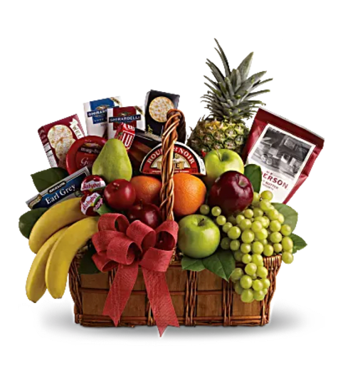 Gourmet Basket. An arrangement by Fine's Flowers.