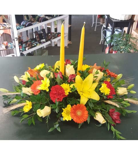 Turkey Day Centerpiece. An arrangement by Buds and Blooms at Enumclaw.