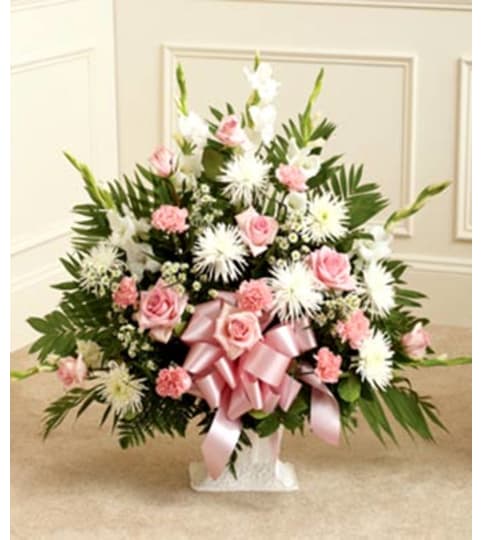 Pink and White Sympathy Floor Basket Spray