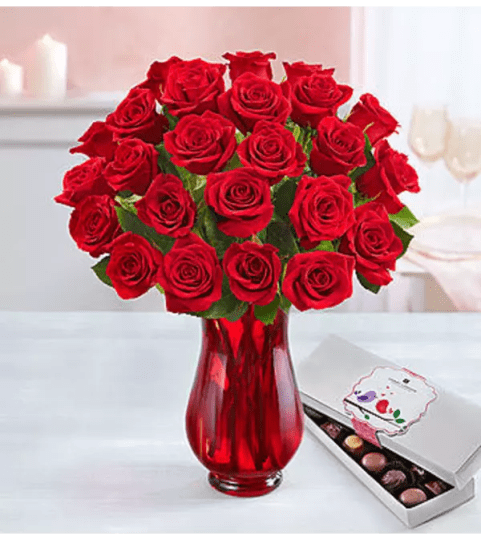 Two Dozen Red Roses With Chocolate Arranged