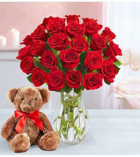 2 Dozen Red Roses With Small Bear. An arrangement by Westchester Flowers and Gifts.
