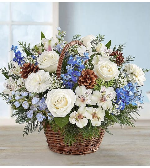 Winter Wishes Willow Basket. An arrangement by Butterflies Flower Shop.
