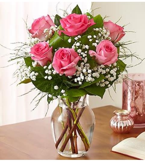 HALF DOZEN PINK ROSES ARRANGED