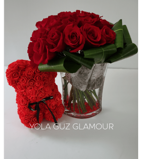 Luxurious Roses And Bear  Bouquet