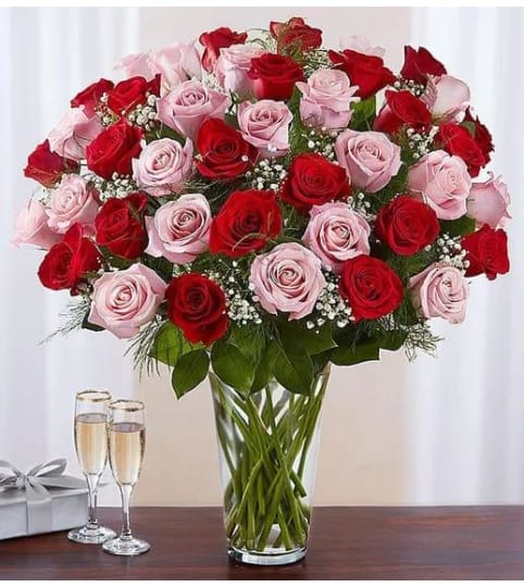 60 Long Stem Pink And Red Roses Luxury Vase