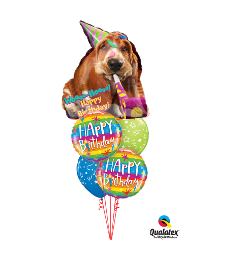 Woo-Hoo Basset Hound Birthday Rainbow Stripe Cheerful Balloon Bou