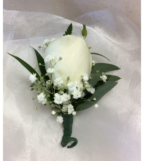 Prom Bout 1 - White standard rose & babies breath (pick up only)