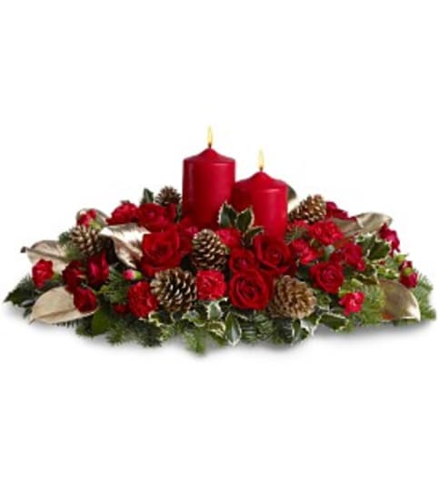 Lovely and Luminous Centerpiece. An arrangement by Jennifer's Flowers and Gifts.