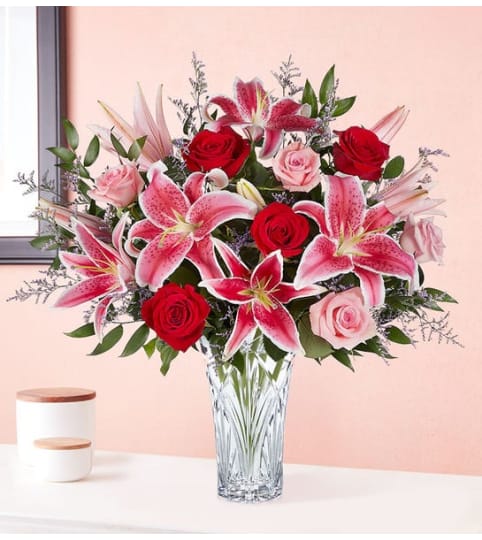 Marquis by Waterford Blushing Rose and Lily Bouquet 2022. An arrangement by Royal Louis Florist.