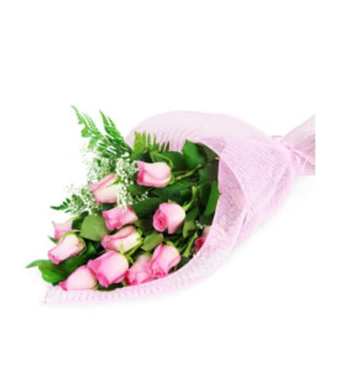 Long-Stemmed Pink Roses Wrapped. An arrangement by Sueppel's Flowers.