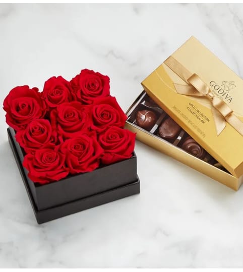 9 Preserved Red Roses in Black Box with Chocolates