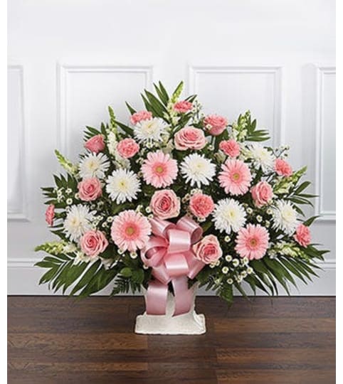 Pink & White Sympathy Floor Basket Floral Arrangement
