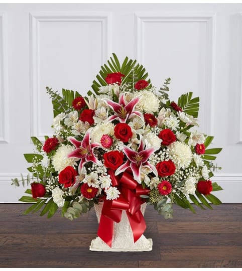 Red and White Sympathy Floor Basket Floral Arrangement